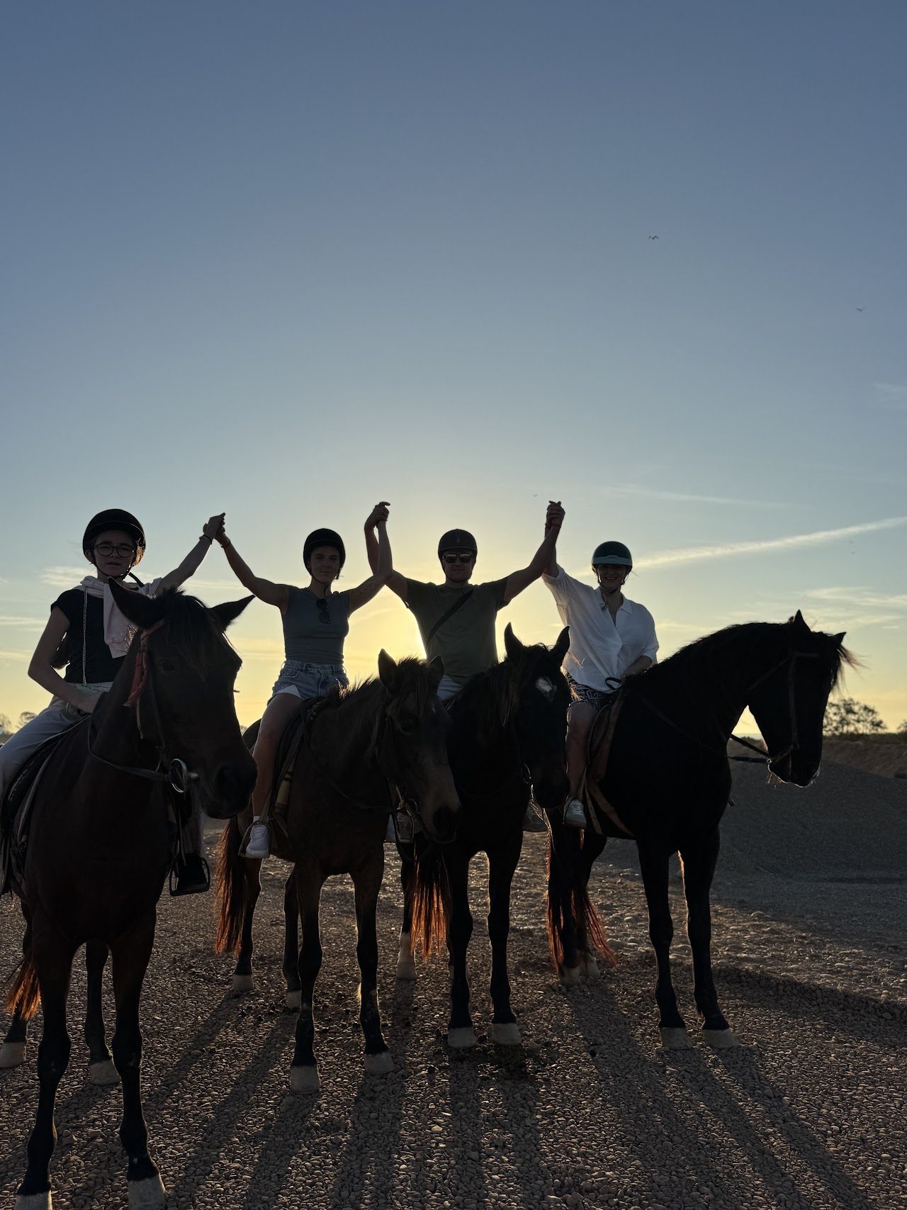 Groupe de cavaliers à cheval au crépuscule, bras levés