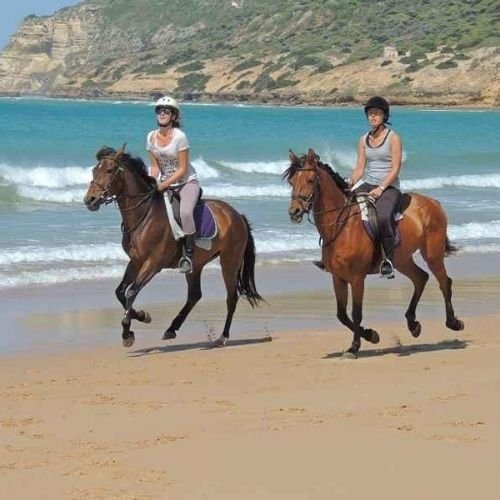 Two riders on horseback by the Atlantic coast