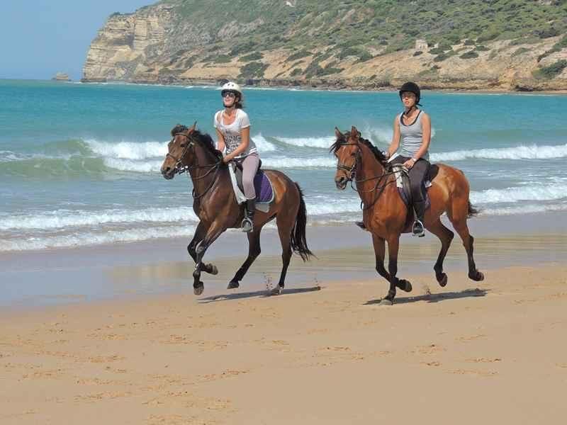 Two riders cantering along the shoreline